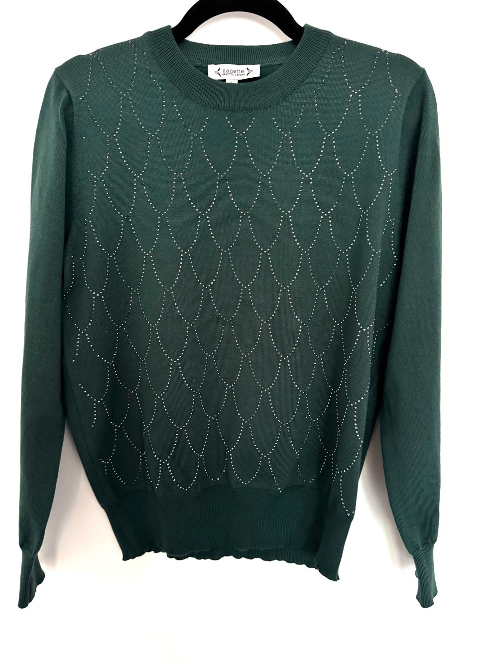 Nanette Lepore Evergreen Silver Embellished Crewneck Sweater